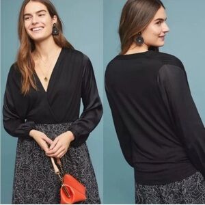 Anthropologie Drape V-Neck Satin Sleeved Blouse